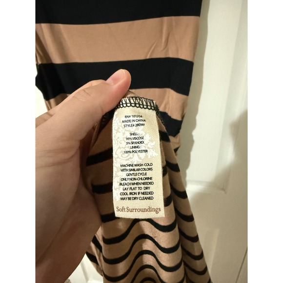 Soft Surroundings Striped Maxi Dress Taupe Black Ruched Side Large - Picture 4 of 4